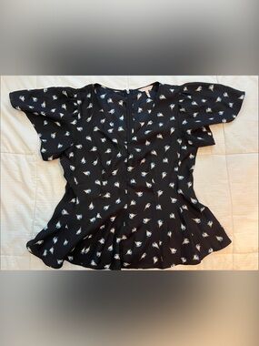 Rebecca Taylor Black Floral Peplum Flutter-Sleeve Blouse